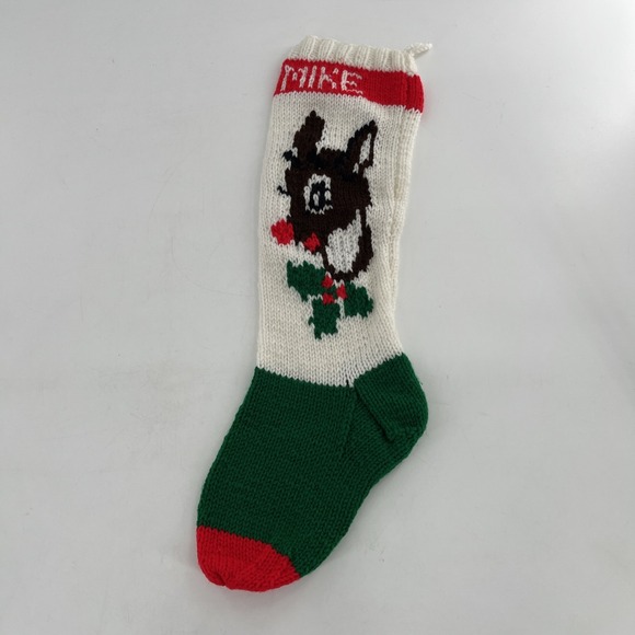 Vintage Hand Knit Christmas Stocking Rudolph Red-Nose Reindeer Green White READ